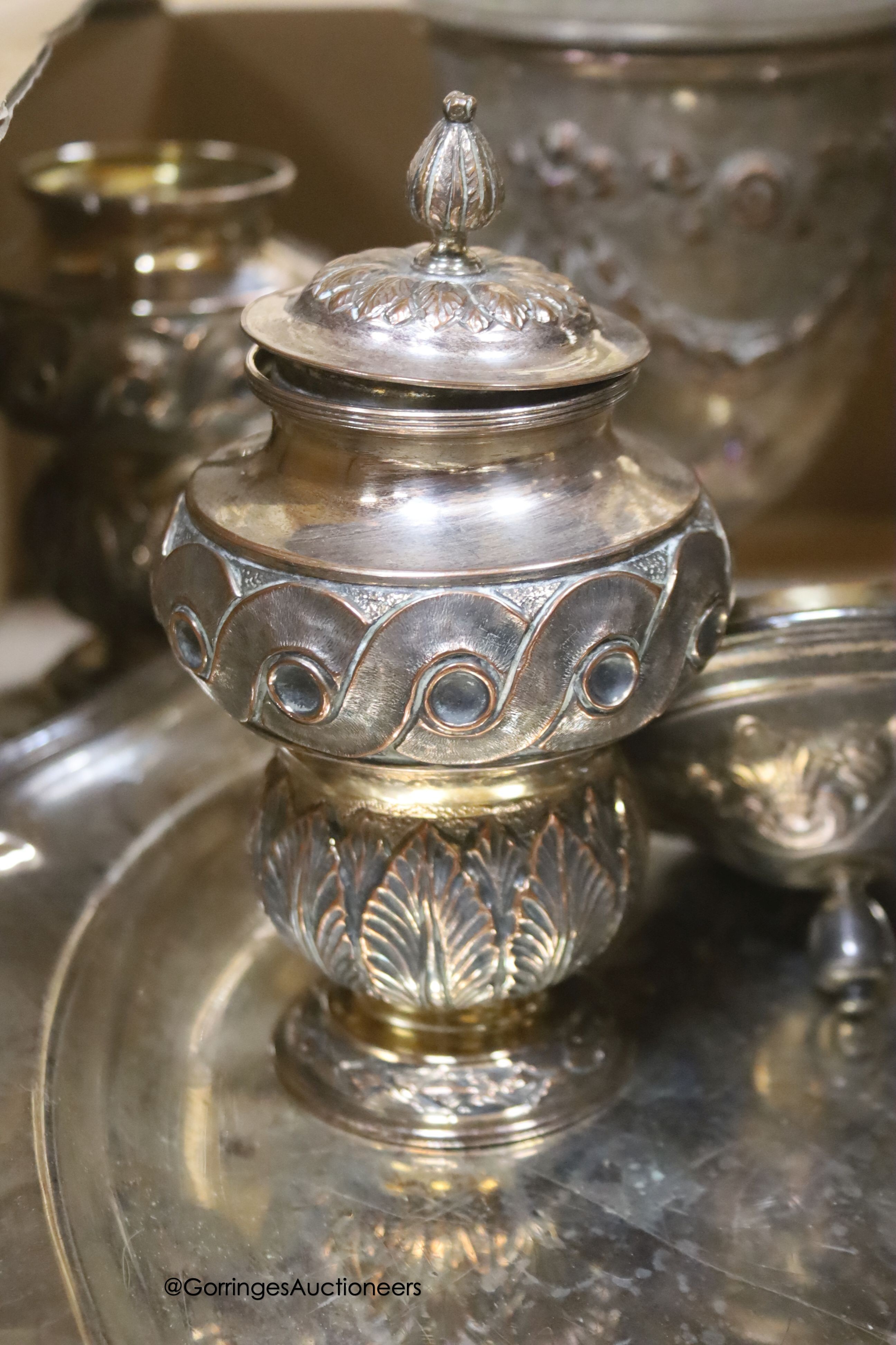 A pair of Sheffield Plate telescopic candlesticks and a quantity of plated wares